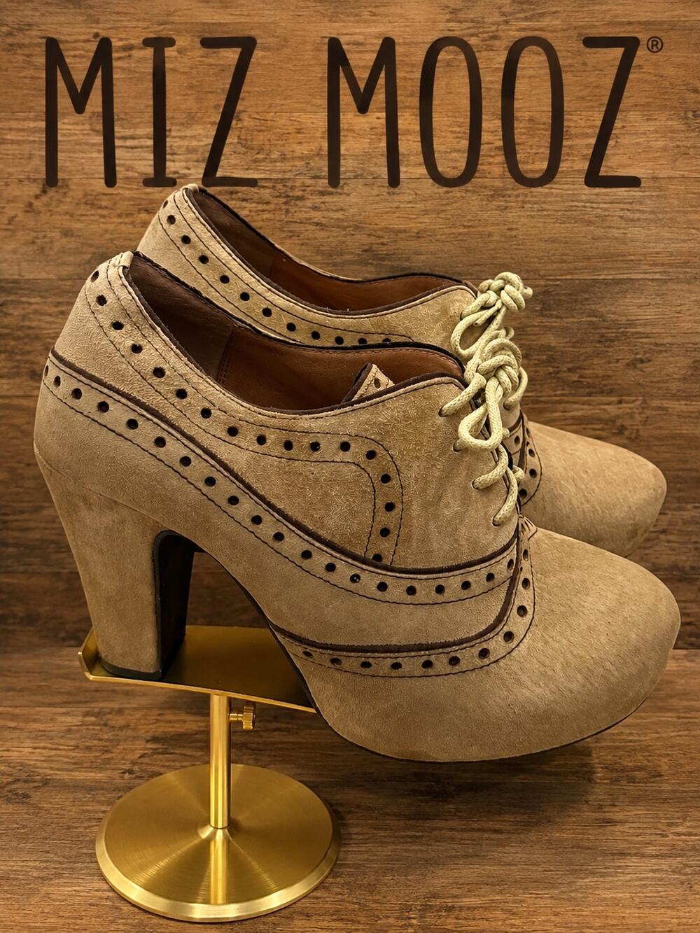 Miz Mooz Farris Leather Platform Oxford Lace Up Heels Beige Women’s 7